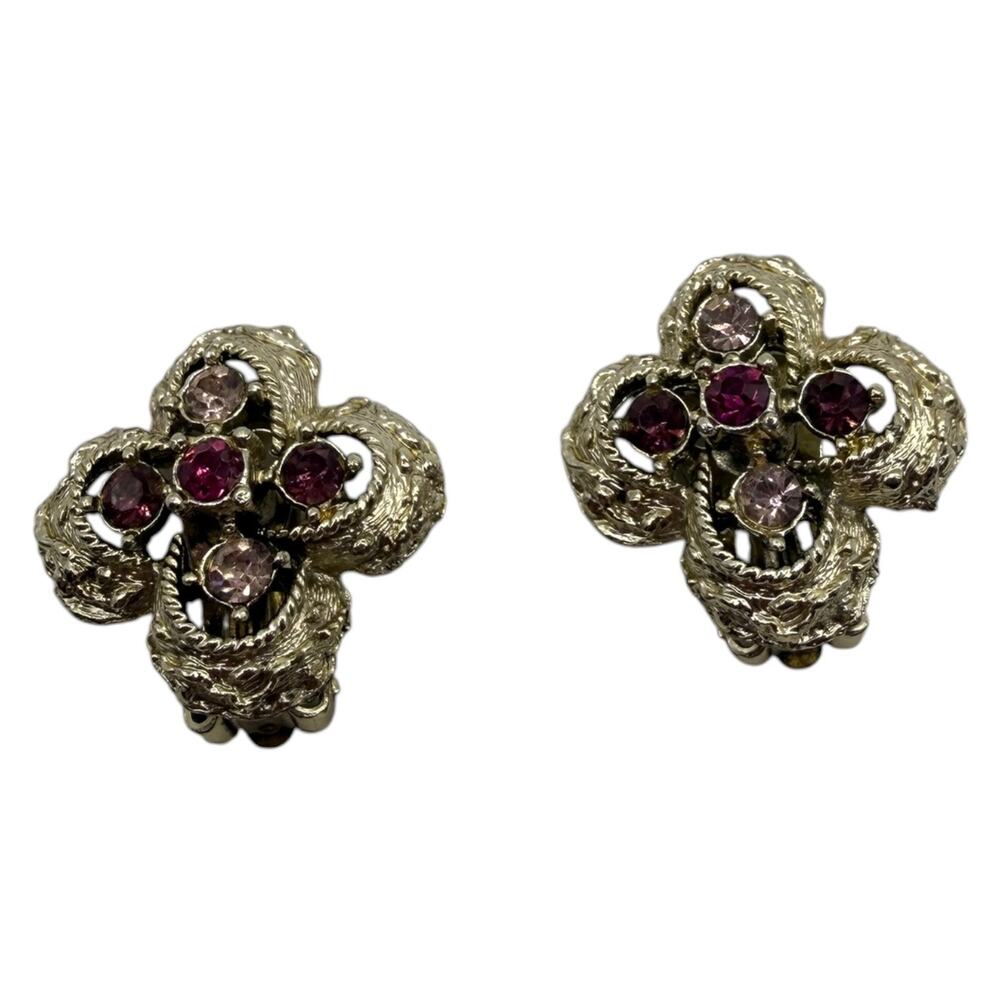 Vintage Coro Silver Tone Pink & Fuchsia Rhinestone Clip-On Earrings